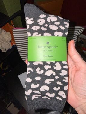 kate spade Black and Light Pink Leopard Crew Socks
